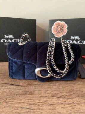 Coach Quilted Velvet Tabby 20 Navy with Silver Chain